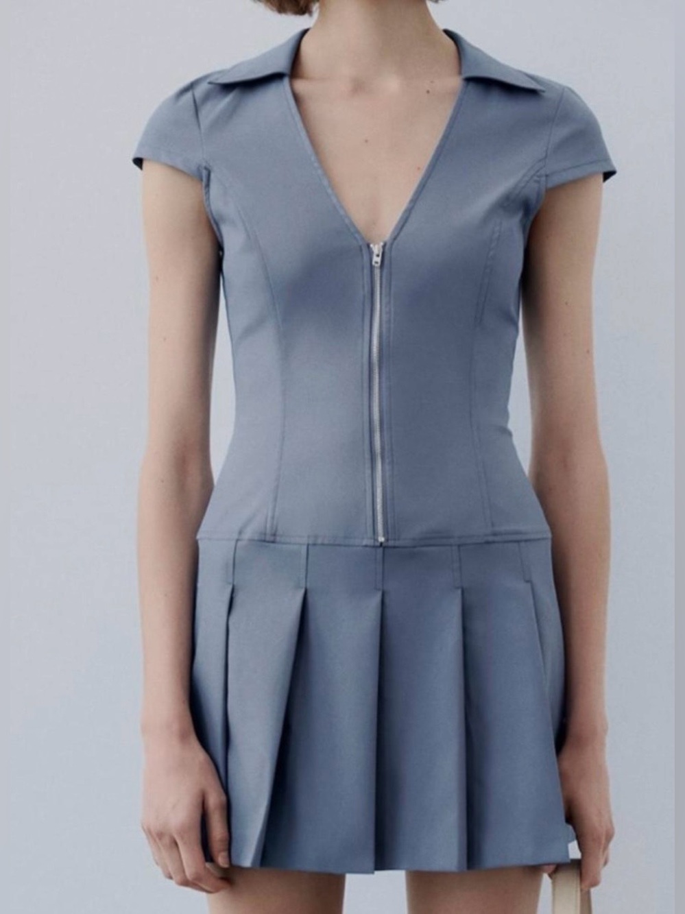 Zara Steel-Blue Zip Front Cap Sleeve Dress